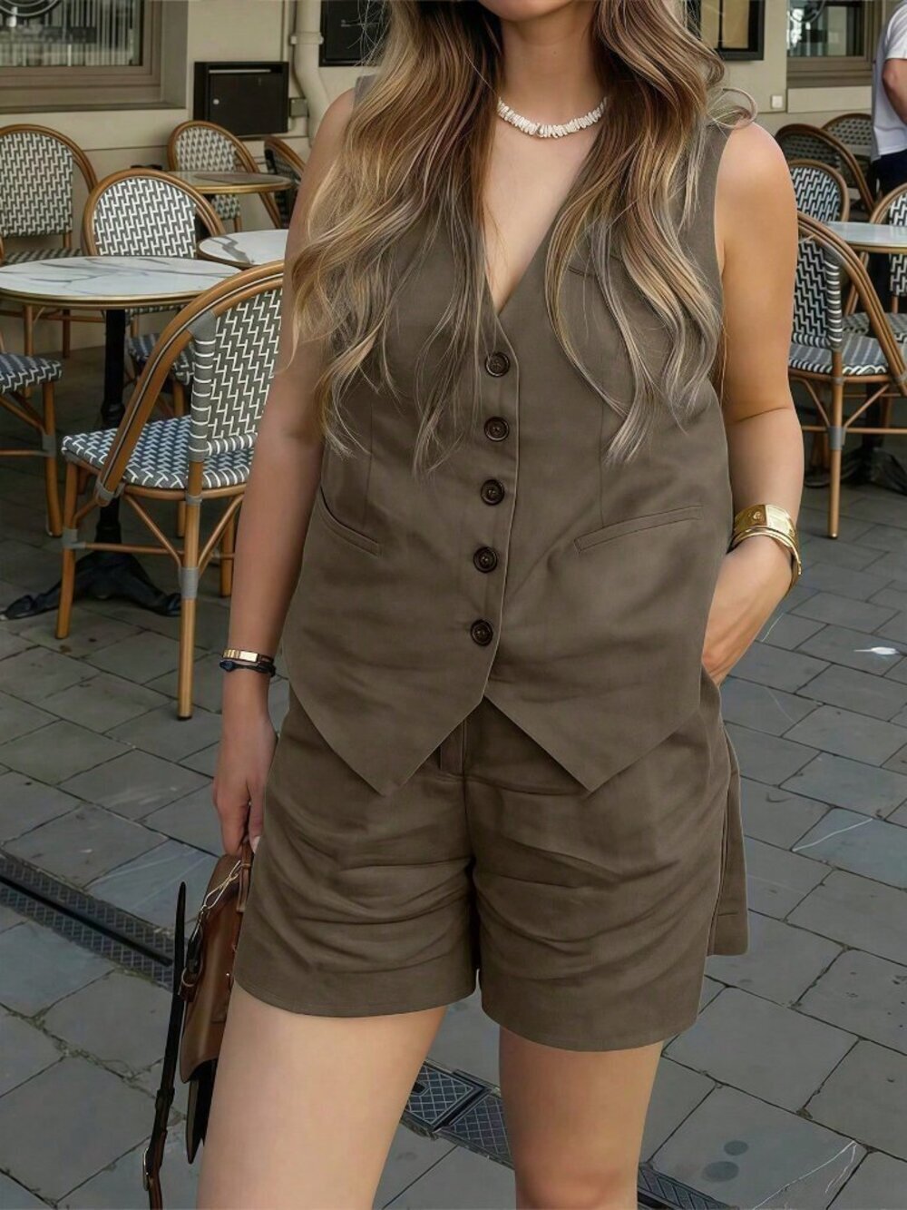 Brown Casual Women's Loose Single-Breasted Vest And Shorts Set - Picture 5 of 5